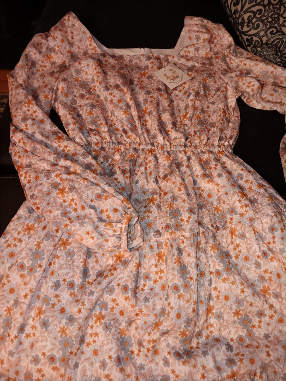 Floral Long-Sleeve Midi Dress - Orange & Light Blue